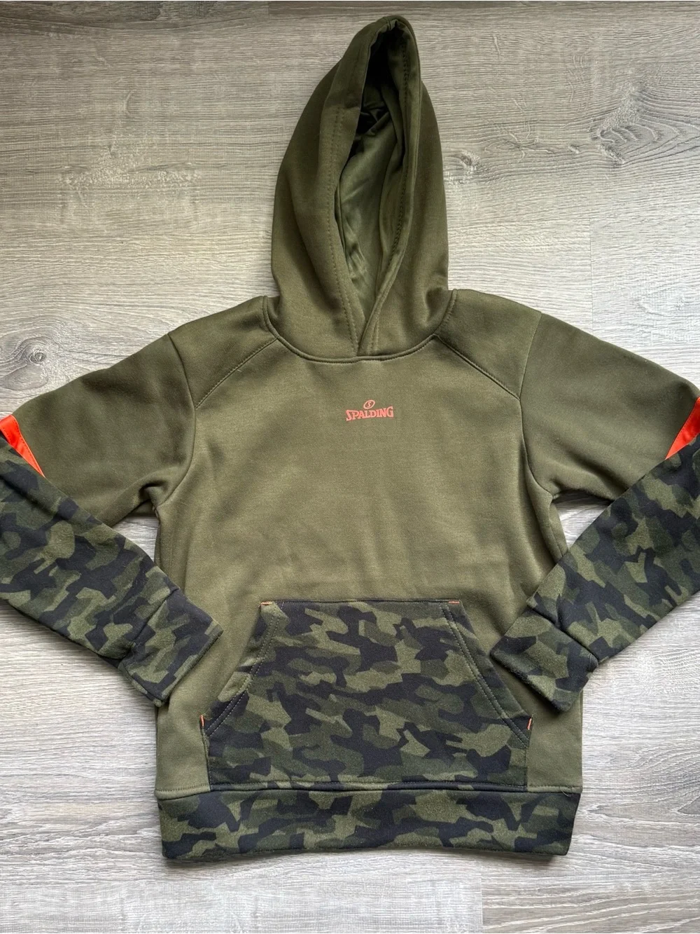 Spalding Boy’s M(10/12) Olive Green Hoodie Camo Accents and Orange Detail NWOT